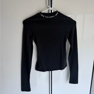Dolce & Gabbana Black Long-Sleeve Slim Mock Neck Top with Logo Trim